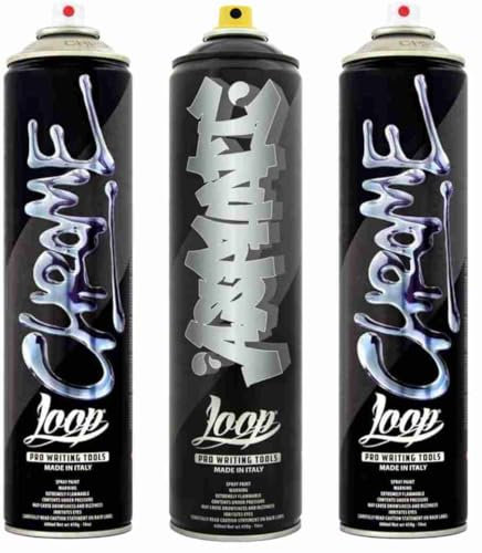 KLAMOTTEN STORE Loop Colors Sprühdosen Set - 2 Silberchrom & 1 Asphalt Schwarz / 3 x 600ml - Spray Cans