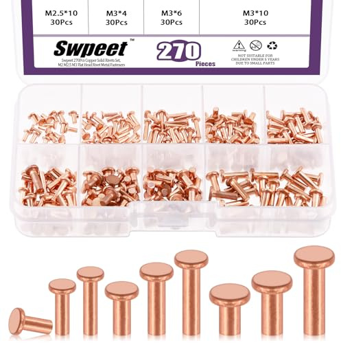 Swpeet 270Pcs M2 M2.5 M3 Rivetti a Testa Piatta in Rame Massiccio Set di Fascette Metalliche, Rivetti in Rame Massiccio Ideali per Applicazioni Elettriche, Cinture, Portafogli, Colletti, Articoli in