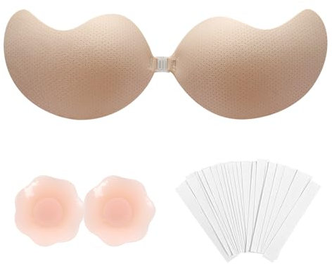 1 Paio Reggiseno Push UP Invisibile,Reggiseno Senza spalline Reggiseno Adesivo Invisibile con 1 paio di Cuscinetti per Capezzoli Riutilizzabile per Abito Sera Abito Sposa (colore della pelle, B)