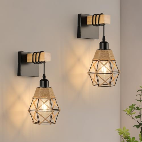 FORCOSO Wall Lights Indoor 2-Pack, Vintage Wood Wall Lamp Black, E27 Sconce Lights, Industrial Lights Fittings, Rustic Rope Lighting Fixtures Living Room Bedrooms Hallway