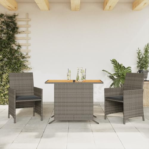 Homgoday Sillas y mesita de jardín con Cojines 3 Piezas ratán PE Gris, Mesita y sillas jardín, Conjunto Mesa y Sillas Jardín Terraza, Set de Bistró Sillas y Mesa para Interior/Exterior Tipo1