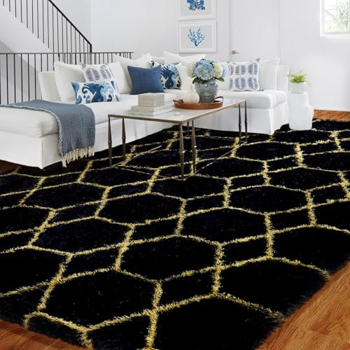 BYBSRLL Hochflor Teppich Schwarz und Gold Teppiche Wohnzimmer 120x180 Antirutsch Waschbare Große Weich Flauschig Schlafzimmer Teppich Kinderzimmer Mädchen Jungen, Langflor Bettvorleger