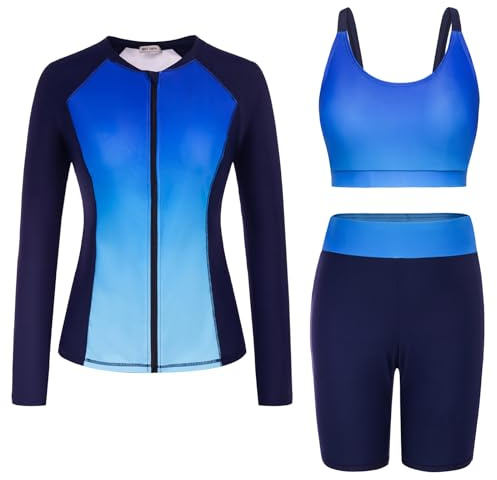 GRACE KARIN Long Sleeve Zip Up Swimsuits for Women Color Block Rash Guard Bathing SuitSurfing Training Swimwear Gradient Blue XL