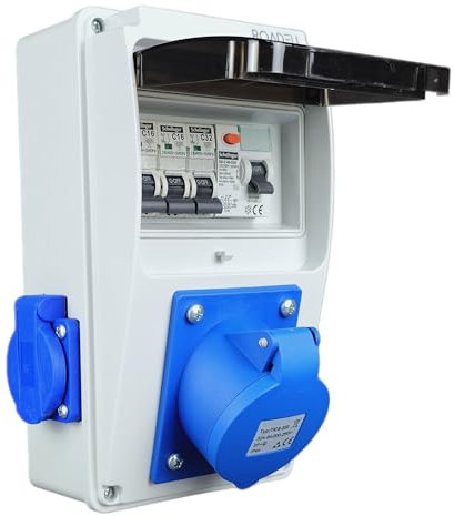 RoadEu Distributeur de courant 230V. Prise monophasée CEE 32A 3P et 2x 230V. Répartiteur de prises avec disjoncteur différentiel. Prises intégrées avec boîte à fusibles