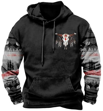 Huvtröjor för män western aztek huvtröja vintage tryckt grafisk huvtröja lappverk tröjor med ficka normal passform långärmad pullover casual gym toppar för män