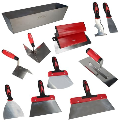 Kit outils plâtrier - 11 outils - Acier inoxydable - idéal bande à joint - Bac - Couteaux - Platoir - Spatules -Truelles d'angle