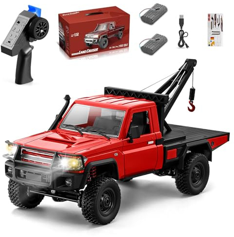 Authticar RC Crawler, 1:12 Scale New Upgrade MN82-T RC Truck Crane, 4WD LC79 Off Road Remote Control Pickup with Lights All Terrain Wrecker Vehicle for Teens Adults (Red)