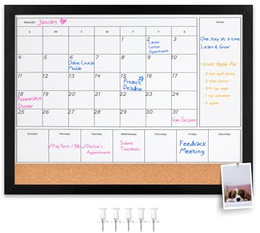 Aitakatta 4-in-1 Dry Erase Calendar for Wall with Black Wooden Frame, 17x13 inches Magnetic Monthly & Weekly Planner Whiteboard, Cork Board Combo, Hanging White Board for Decor/Memo(4H1-BK Wood,4333)