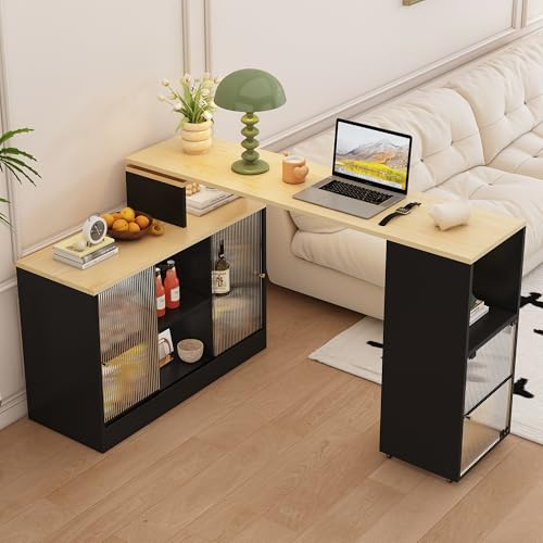 Bladez Moderna credenza commestibile girevole a 360°, tavolo da pranzo pieghevole con spazio di archiviazione, armadio da bar multifunzione con porta scorrevole in vetro e ripiani, per cucina e