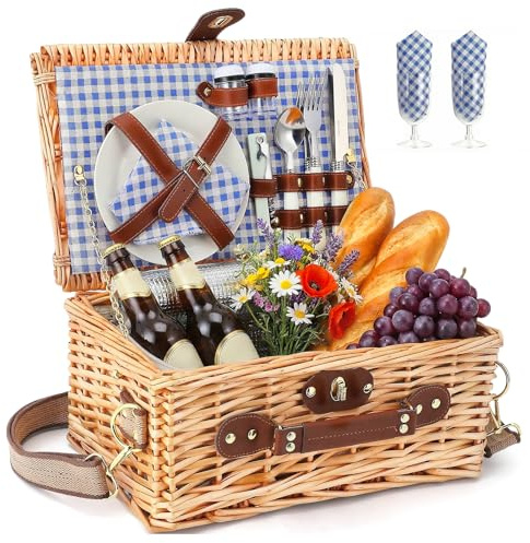 Wicker Picnic Basket Cestino da Picnic in Vimini per 2 Persone – Set Picnic con Vano Isotermico, Piatti, Posate, Bicchieri da Vino, Cavatappi – Perfetto per Spiaggia, Campagna, Parco & Regalo BBQ