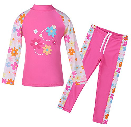 TFJH E Girls Swimsuit UPF 50+ Two Piece Long Sleeve Top Pant Set HotPink Long 4A