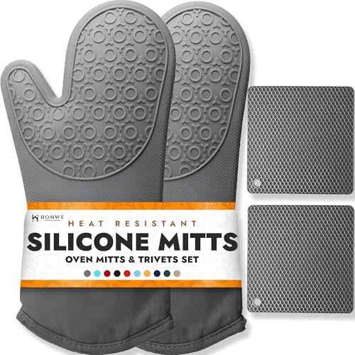 HOMWE Silicone Oven Mitts And Pot Holders (4-Piece Set) Heavy Duty Cooking Gloves, Kitchen Counter Safe Trivet Mats | Advanced Heat Resistance, Non-Slip Textured Grip(Gray)