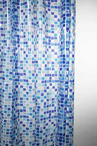 KAV Premium-Duschvorhang, vollständig wasserdicht, PEVA, mit Hygiene- und Clean-Technologie, 180 x 180 cm, 2 Stück, blaues Mosaik-Design für Heim- und Hotel-Badezimmer-Dekoration