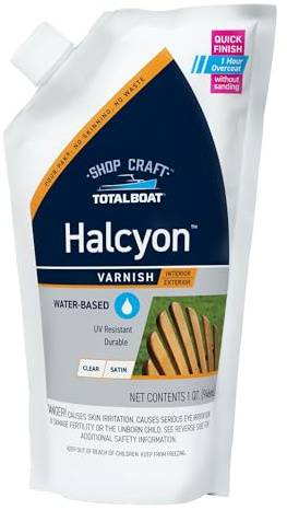 TotalBoat Halcyon Water-Based Marine Varnish | Fast-Drying Polyurethane Wood Finish for Boats, Outdoor Furniture, and Woodworking | Clear Satin, Quart