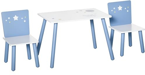 HOMCOM 3 Pcs Kids Table & Chairs Set w/Wood Legs Safe Corners Cute Stars Seating Mini Furniture Home Playroom Bedroom Dining Room Blue