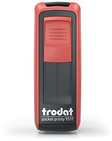 Trodat -Pocket Printy 9511 – Taschenstempel mit Wunschtext personalisieren, hier gleich online gestalten Gehäusefarbe feuerrot – Adresstempel - mit Wunschtext – 38X14 mm, 4 Zeilen -