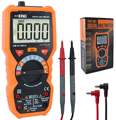 Multimetro Digitale Professionale 6000 Conti TRUE RMS – Tester Elettrico Mini con Termometro, Voltmetro, Amperometro, Ohmmetro – Misura Tensione AC/DC fino a 600V – CAT IV/III – echoENG SM 53 DM19