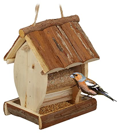 Relaxdays Mangiatoia per Uccelli, Casetta da Appendere in Legno Dispenser Mangime da Esterno, 20x15,5x13 cm, Naturale