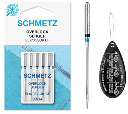 Overlock/Serger ELx705 SUK CF Ballpoint (Medium Ball Point, Chrome Finish) Coverstitch Sewing Machine Needles, Size 90/14, Includes Large Needle Threader