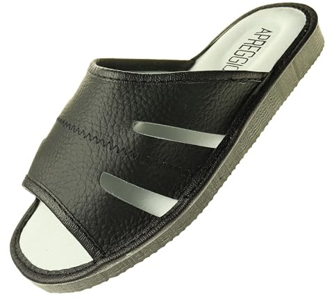 APREGGIO Pantofole Uomo in Pelle Estive - Suola in Gomma - Nero 44 EU