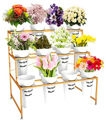 Soporte de exhibición de flores con 12 cubos, soporte de plantas de metal de 3 capas, estante de carro de plantas de uso pesado, exteriores, patio, jardín, floristería (blanco - cubo redondo)