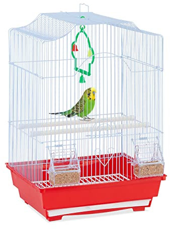 Relaxdays Vogelkäfig mit Zubehör, HxBxT: 49,5 x 35 x 32 cm, Käfig für Wellensittiche & Kanarienvögel, hellblau/rot