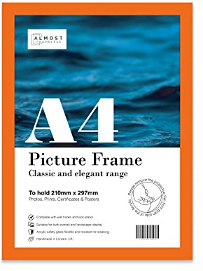 Almost Frameless A4 Orange Picture Frame Fits A4 (21 x 29.7cm - 8.3 x 11.7in) Poster, Photo, Artwork, or Print. Thin Edge Slim Frame Portrait and Landscape Display with Wall Hooks
