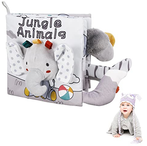 Firtink Baby Books, Soft Crinkle Cloth Sensory Toy High Contrast Soft Book, Fabric Touch and Feel Activity Early Development Toy Infant Boy Girl Shower Present(Elephant)