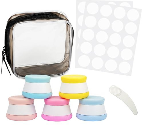 Belle Vous 5-Pack Resesminkbehållare i Silikon & Necessär - 20 ml BPA-fria Läckagesäkra Provburkar/Flaskor med Lock - TSA-godkända Burkar för Smink, Hygienartiklar, Lotion & Ansikts-/Kropps-/Handkräm