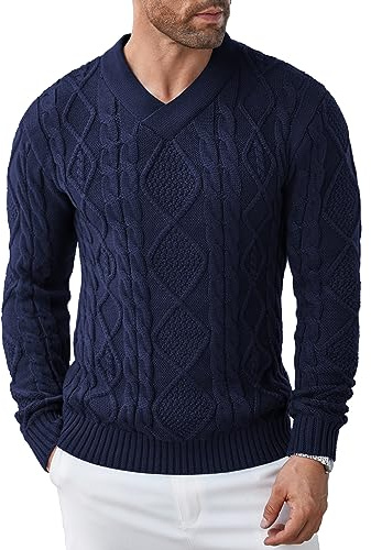 COOFANDY Jersey para Hombre, Cuello en V, cálido, Corte Ajustado, Jersey de Invierno para Hombre-Azul Marino M