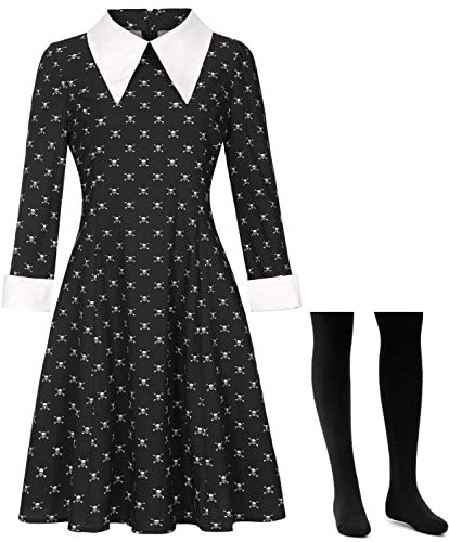 Mrsclaus Halloween Kostüm Damen für addams Family Kleid Schwarz mit Kniestrümpfe Abendkleider Mädchen Fasching Karneval Mottoparty Kostüm C004M