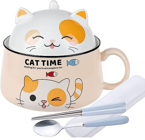 lachineuse - Ramen Schüssel Kawaii Katze mit Deckel - Cat Time Ramen Bowl 1020 ml - Nudelsuppe Schüssel - Nudelschüssel Schale - Müslischalen mit Henkel - Farbe Gelb