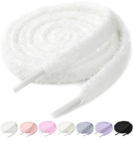 Stepace 2 Pairs Flat Fluffy Shoe Laces for Sneakers 10mm Wide Thick Fuzzy Shoelaces for Boots and Casual Shoes Shoestrings Replacement (White, 47 Inches)