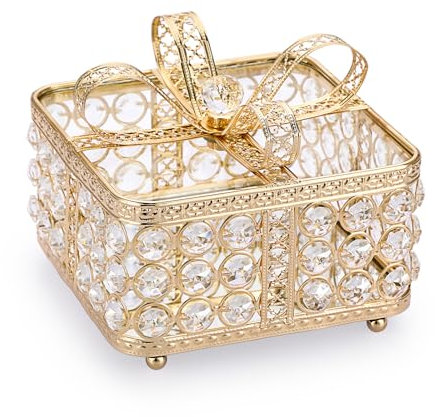 TOLIDA Crystal Jewelry Box with Lid - Glass Trinket Box with Bow Lid, Sparky Desktop Storage Box for Earrings Rings Jewelry Bracelets (Gold, Large)