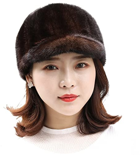 Cappelli Invernali da Donna Ragazze Vera Pelliccia di Visone Cappello con Visiera Moda Marrone