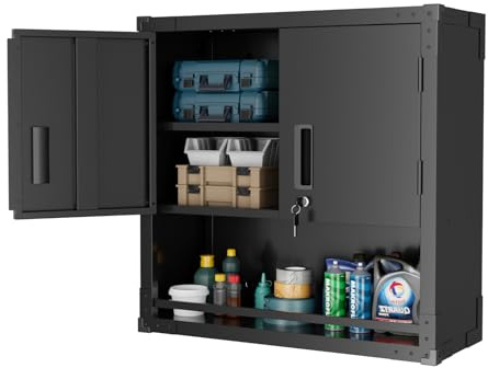 VINGLI Garage Wall Cabinet with Locking Doors and Adjustable Shelf, Metal Wall Cabinet, Floating Upper Storage Cabinet (Black, 30''W x 12''D x 30''H)