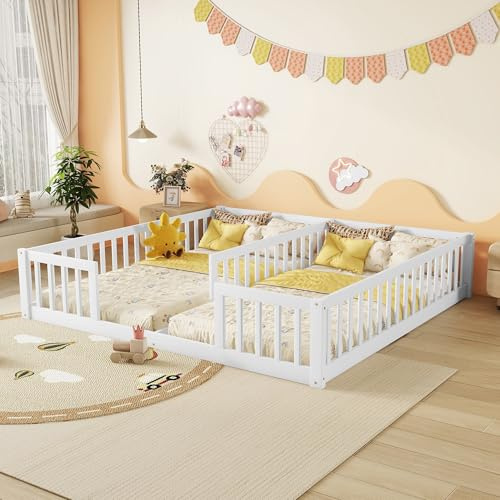 Luckiofvonne Floor Bed for 2 Kids, Montessori Bed Frame with Fence Railings, Wooden Double Twin Bed for Two Boys Girls, Box Spring Needed, White
