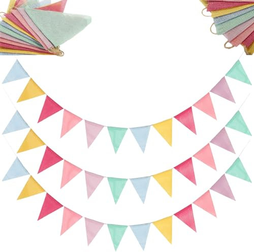 3 Stück Wimpelkette Outdoor Wetterfest,Bunt Geburtstag Party Stoff Wimpel Girlande Deko Garten Schulkind Einschulung Bunte Girlanden Leinen Wimpelgirlande für Gartenparty Kindergeburtstag Schulanfang
