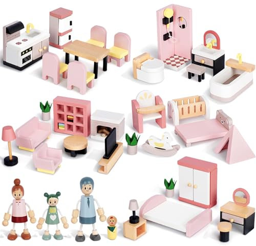 Juego de Muebles de casa de muñecas de Madera de 36 Piezas con 4 muñecas Familiares, incluidos 5 Kits de Habitaciones, Juguete de simulación de Regalo para niños y niñas de 3 años en adelante