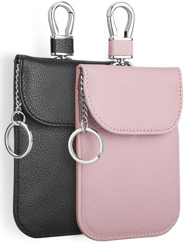 RFID Signal Blocker Faraday Pouch for Car Keys, Premium PU Leather, Jammer for Keyless Entry, Relay Attack Prevention (2 Pack - Dark Pink + Black)