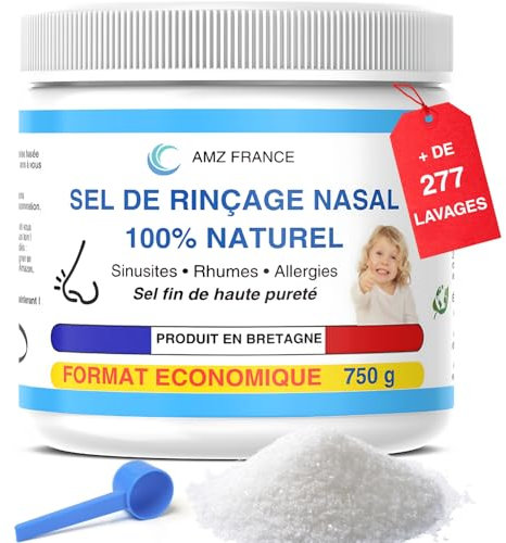 AMZ FRANCE Sal Lavado Nasal 750g, Producto de Bretaña, CALIDAD PREMIUM 100% Natural, Solución Salina Nasal, Suero Fisiológico NaCl 0,9% - Bebé Niño Adulto - Sal de Enjuague, Lavado Irrigación Nasal
