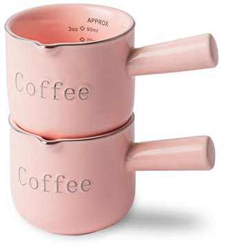 INSETLAN Juego de 2 tazas medidoras de café expreso de cerámica rosa, 90 ml, tazas de café con asa, cerámica duradera y resistente al calor, doble vaso medidor para café, leche, zumo, líquido