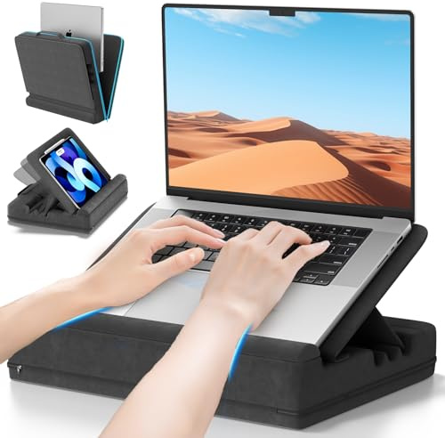 Heyife Laptop Knee Tray for Lap with Cushion, Adjustable Laptop Pillow for Bed/Couch, Foldable Tablet Pillow Holder for Lap, Sofa and Desk for up to 15'' PC/Mac, Tablet, iPad, Kindle, Black