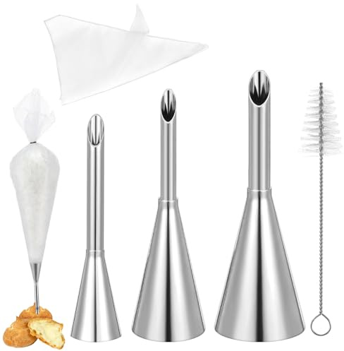 Wanmu Cream Filling Piping Tip, 3PCS Long Puff Nozzle Tips with 50 Disposable Pastry Piping Bags & Injector Tip Cleaning Brush for Donuts, Cupcakes, Cream Puffs