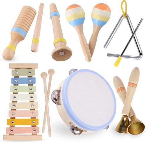 Baby Musical Instruments, Montessori Wooden Musical Toys for Toddlers 1–3, Xylophone Tambourine Triangle Maracas, Wooden Baby Instruments, Kids Preschool Educational Toys, Birthday Gift for Boys Girls