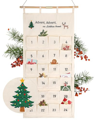 DazSpirit Adventskalender aus Stoff 2025 mit gesticktem Adventsreim – Adventskalender zum Befüllen Wandbehang, Hochwertig Bestickt – Festliche Weihnachtsdeko für Familien & Geschenkidee (Beige)
