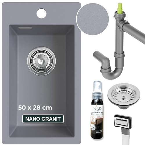 SINK QUALITY Évier de cuisine, petit, gris, 28 x 50 cm, étroit, avec siphon et agent imperméabilisant, pour armoires inférieures à partir de 40 cm, encastrable en granit
