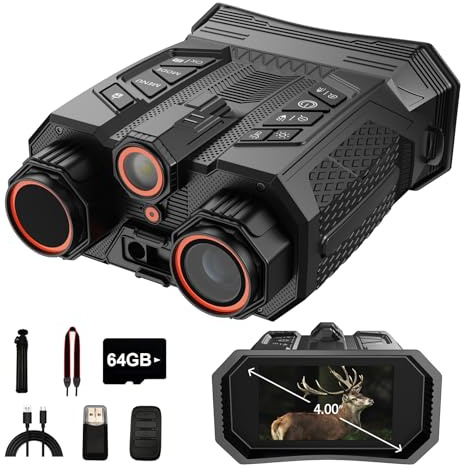 Gafas de visión nocturna 4K día/noche con telémetro, prismáticos de visión nocturna con zoom 16X, pantalla LCD de 4 pulgadas, batería recargable de 10000 mAh, tarjeta TF de 64 GB, grabación de video y