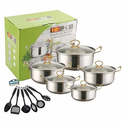 Stainless Steel Saucepan Set,10 Pcs Saucepan Set with 6 Pcs Cooking Spoon,Kitchen Stainless Steel Pot,Glass Lids and Handle,Works with Induction/Electric and Gas Cooktops (Gold)