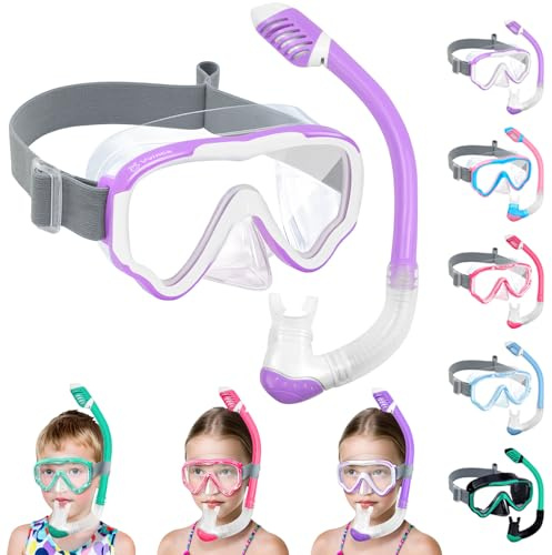 Vvinca Snorkeling Gear for Kids with Elastic Fabric Strap for Age 3-14, Dry Top Snorkel Set for Kid Junior Youth, Childs Diving Mask for Boy Girl Anti-Fog Panoramic View Snorkeling Mask with Snorkel
